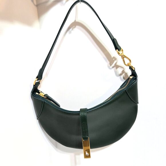 POLO RALPH LAUREN ID Leather Shoulder Bag Racing Green Gold small Crescent Purse - Picture 4 of 12